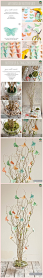 创意假花的制作—用树枝和纸蝴蝶DIY桌花教程