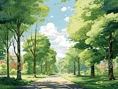公园中央绿树成荫的道路水彩AI插画草地自然风景