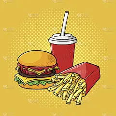 矢量手绘流行艺术插画的汉堡，炸薯条