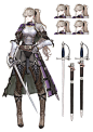 1girl armor belt belt_buckle blonde_hair boots braid buckle character_sheet full_body hair_ribbon hand_on_hip highres holding holding_weapon jun_(seojh1029) long_hair original pauldrons ponytail ribbon scabbard sheath simple_background sword vambraces wea