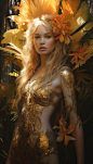 a young blonde woman standing in a tree with large ferns around her, in the style of realism with fantasy elements, dark gold and light amber, intricate costumes, contrasting light and shadow, close-up, made of flowers, serene faces