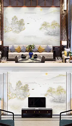 新中式手绘浮雕大理石纹线条水墨山水画轻奢背景墙