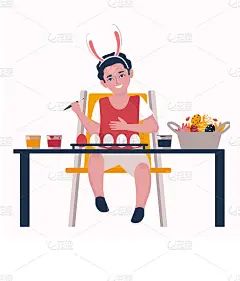 一个男孩坐在桌前，戴着兔子耳朵，用颜料和画笔画着复活节彩蛋。卡通风格。