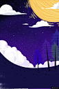 蓝色夜空彩色手绘圆月星空传统中秋节插图模板平面设计