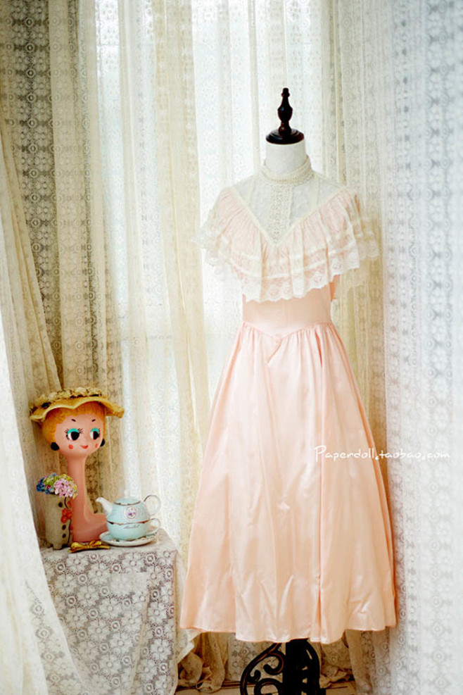 美国1970s 维多利亚风古董蕾丝连衣裙