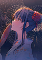 Anime 3348x4800 anime anime girls looking up kimono fireworks fans smiling long hair hairbun profile hand fan