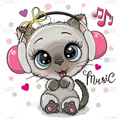 Cartoon Cat girl with headphones on a white backgr