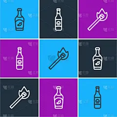 设置番茄酱瓶，燃烧火柴与火和啤酒图标。向量