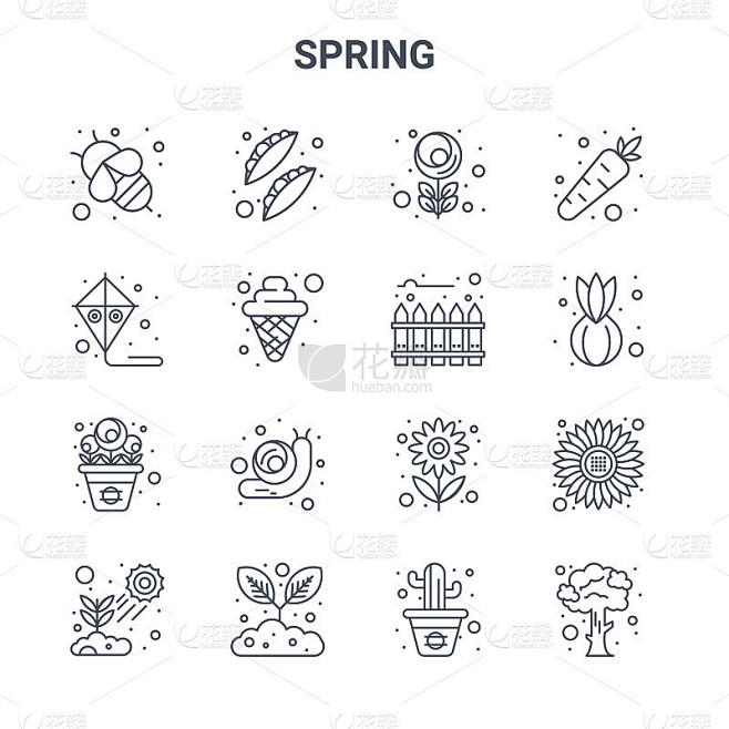 一组16 spring概念向量线图标。64x64细描图标，如豌豆，风筝，洋葱，花，园艺，树，仙人掌，