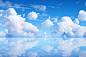 clouds reflected in water, in the style of realistic rendering, soft and dreamy atmosphere, emphasis on linear perspective, joyful and optimistic, rendered in maya, calm waters, calm and meditative