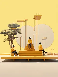 中国人坐在站台上，中国水墨风格，极简主义舞台设计，浅黄色，超