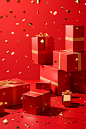 Confetti and gold wrapped gifts on a red background, in the style of danish design, monochromatic compositions, luminous shadows, bright color blocks, atmospheric installations, exacting precision, 20th century scandinavian style