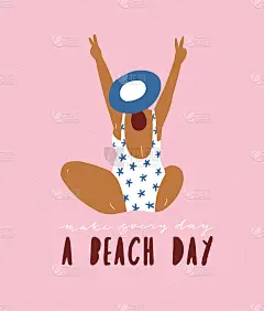 夏日海报与快乐的年轻女孩和字母-“让每一天的海滩日”可爱的假期背景手绘风格。矢量插图。
