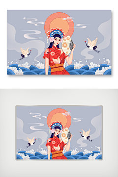国潮风古风手绘京剧人物插画海报
