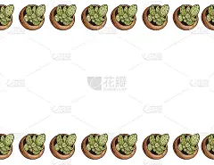 盆栽仙人掌植物手绘矢量无缝边框图案。舒适多汁的涂鸦顶视图横幅模拟。字母格式装饰背景纹理瓷砖。文本空间