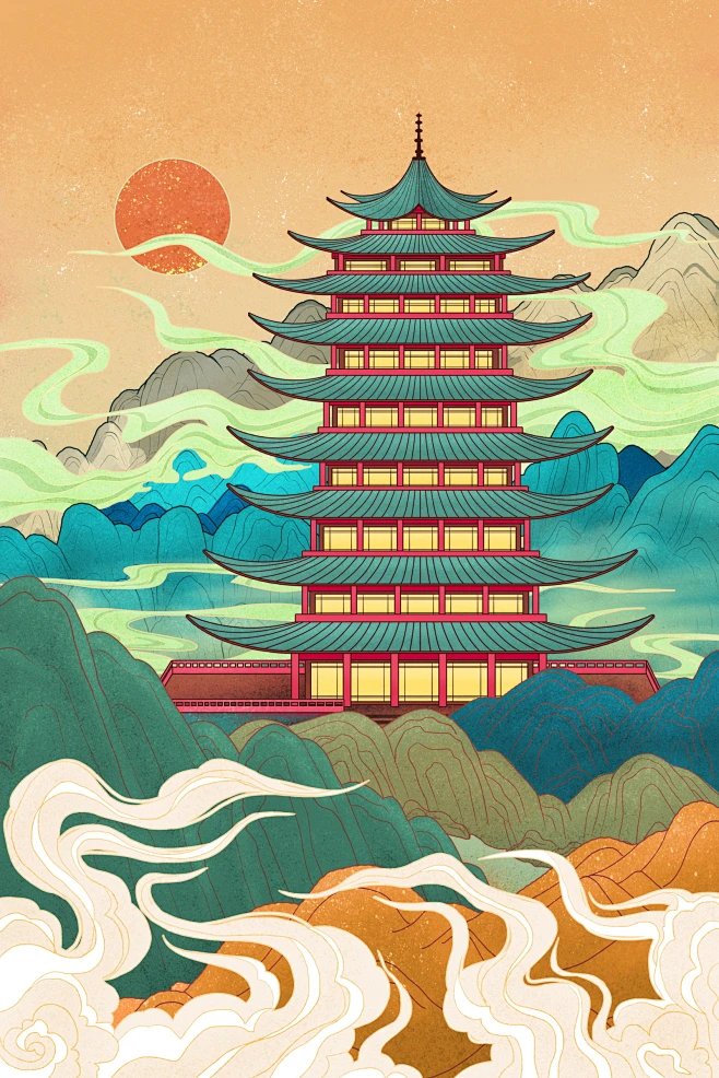 引导页-中国风古建筑插画图片_插画图片素材-花瓣网