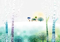 冬天风景插画高清素材 下雪 乡村风光 冬天插画精品 冬天风景插画 房屋 手绘插画 月光 白杨树 雪山 雪松 韩国插画 免抠png 设计图片 免费下载