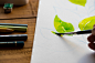 A person paints leaves on a piece of paper on a wooden desk