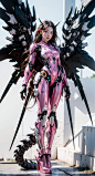  best quality,masterpiece,1girl,pink mecha body,cyborg,full body, brown eyes,brown hair,depth of field,long hair,looking at viewer,1 girl with wings in mecha,Wings Follow Character Proportion,Outstanding,8K wallpaper,jixieji, 1girl, Dragon ear