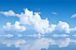 clouds over a blue sky above a small lake, in the style of physically based rendering, high-key lighting, highly polished surfaces, rendered in maya, high horizon lines, serene maritime themes, light silver and white
