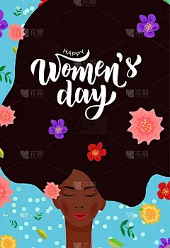 祝你妇女节快乐，上面写着可爱美丽的女孩肖像和鲜花。适合3月8日的假期。