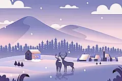 紫色冬季雪天风景和麋鹿矢量插画