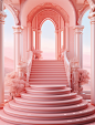 the stairs leading up to a pink room, in the style of digital art, rococo pastel colors, bryce 3d, fairycore, rich and tonal, romantic atmosphere, arched doorways