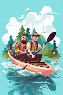 AI数字艺术手绘漂流划船水上活动旅游插画