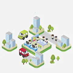 手绘迷你城市高清素材 出租车 卡通 司机 员工 桌子 楼房 电脑 绿色小树 免抠png 设计图片 免费下载
