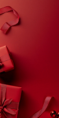 Red background, ribbon, and gift box on the left side of the picture; red gift boxes; flat composition; high-end feel; Chinese New Year atmosphere; commercial photography; studio lighting; minimalist style; solid color background; high resolution; high de
