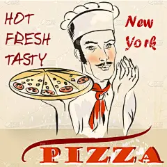 披萨海报与持有热新鲜纽约 pizz 的厨师或者服务员