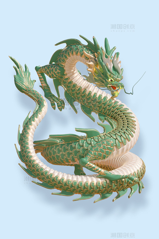 c4d立体绿金花纹祥龙模型