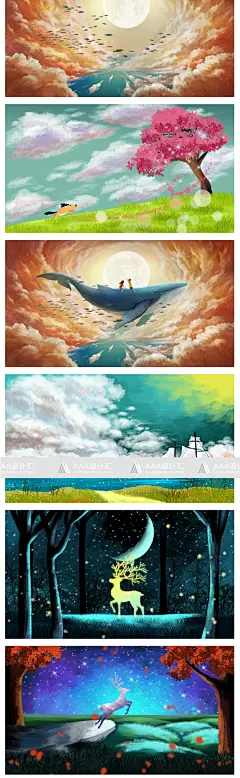 卡通唯美水彩手绘梦幻风景插画女孩鲸鱼森林梦境PSD设计背景素材-淘宝网