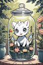 Prompt: line art,cute Kawaii flower drogon in the Jar, animal, realistic  ,beautiful big  eyes, in the garden , Different poses, ,anime style,coloring page,outline art, outline drawing line art , white background, thin lines, drawing style, centered.