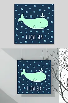 蓝色海豚海洋卡通动植物花纹图案素材