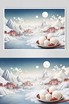 AI数字艺术国潮元宵节汤圆山水插画