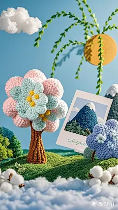 治愈系毛线樱花树，极简，欧美插画风的卡通形象，背景柳树和山，由织物，棉花，毛毡毛绒组成，软萌，可爱，柔软，治愈，极简，背景留白，蓝天白云的户外。超大镜头特写，证件照的构图(6)
