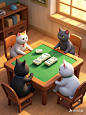 四只猫咪，黑猫，白猫，花猫，灰猫，坐在一张四方桌子打麻将，一只猫坐一方，镜头前的一只猫咪推到胡牌(1)