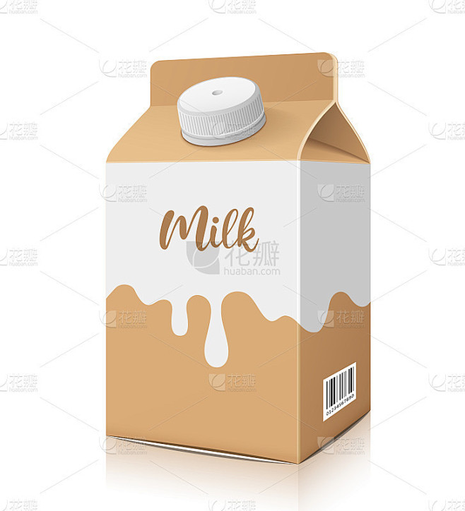 牛奶盒包装颜色为棕色和白色，模板设计孤立...