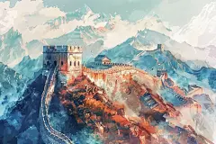 彩绘长城山水绘画图片
