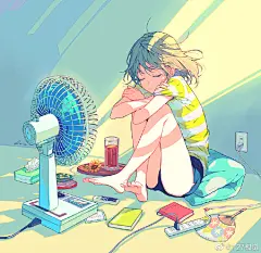 动漫壁纸超话今日插画超话今日p站插画排行榜第二位：れい亜  夏天果然就是要吹风扇才行 ​​​​
