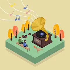 音乐听歌黄色背景绿色展台插画设计