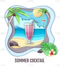 热带鸡尾酒海滩景观。剪纸艺术风格设计