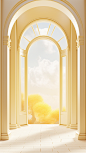 interior room with an archway and a large window, in the style of light white and light gold, lee broom, colorized, trompe-l'œil illusionistic detail, incisioni series, light yellow, thomas cole