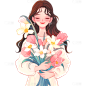 三八妇女节唯美感插画女性手捧鲜花人物元素