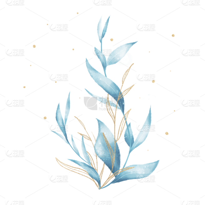 蓝青色水彩叶子金色线条插画元素