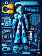 Megaman suit, costume, knolling, knolling layout, deconstructed, highly de-tailed, depth, many parts, lumen render, 8k