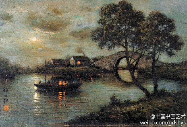 颜文樑 作品《夜泊枫桥》】 “月落乌啼霜满天，江枫渔火对愁眠。姑苏城外寒山寺，夜半钟声到客船。”