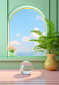 a green room with a plant, 3d rendered in front of a window, in the style of rococo pastel colors, colorful and playful, rounded, clear edge definition, playful arrangements, realistic blue skies, mirror