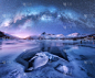 星系,太空,冬天,水,山,挪威,雪,海岸线,岩石,冰